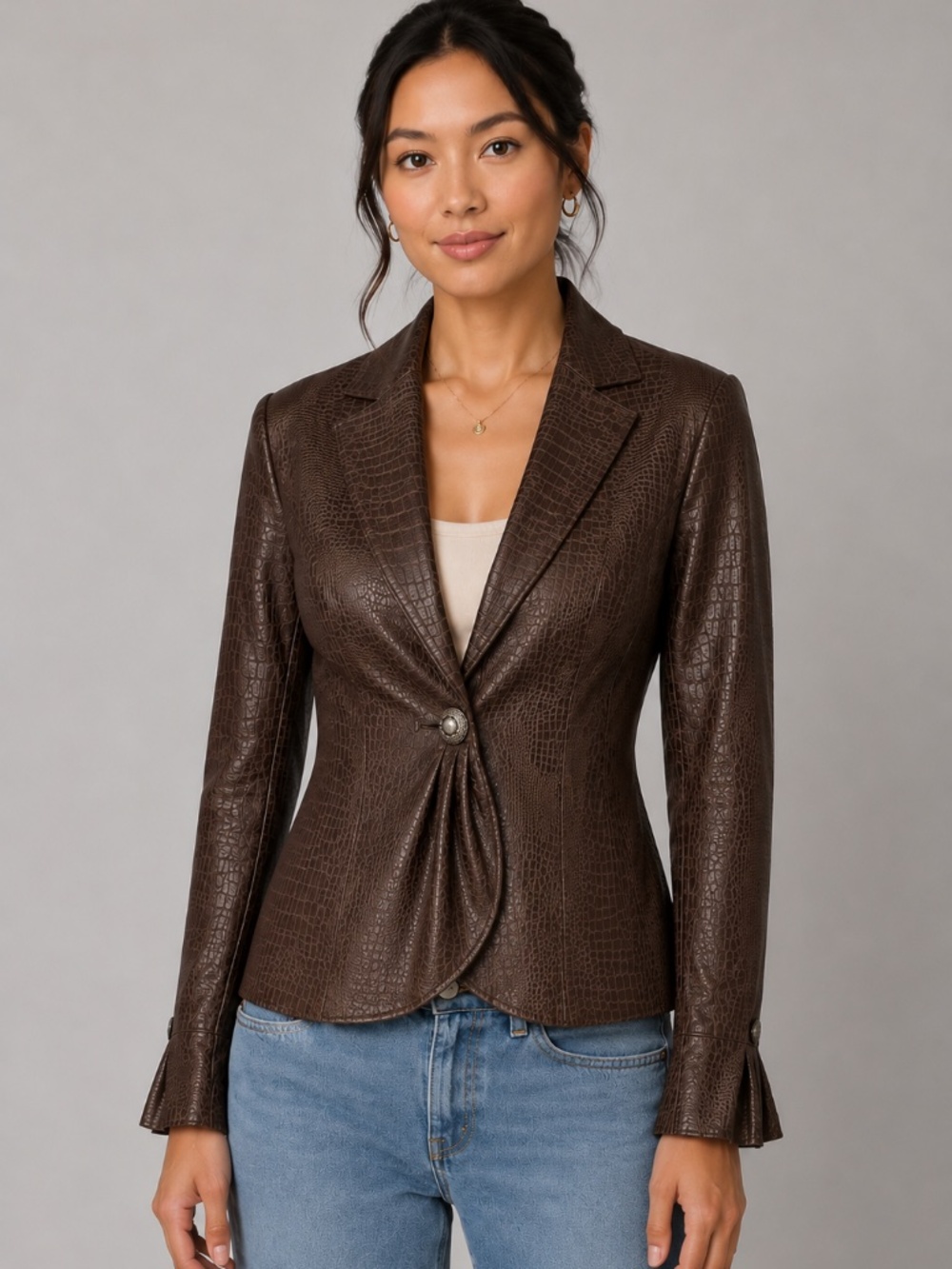 Women's Brown Faux Croc Leather Blazer